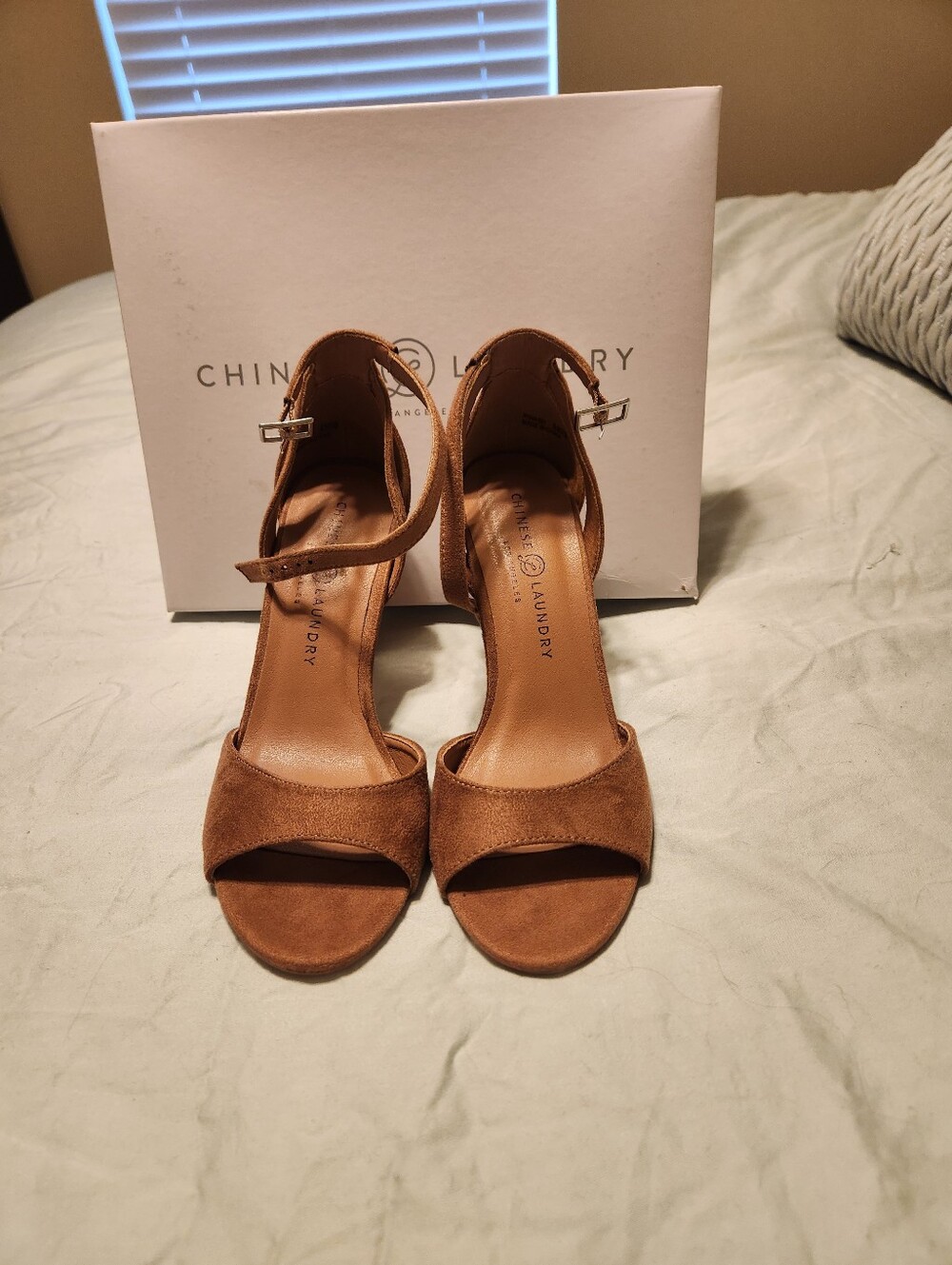 Chinese Laundry Tan Suede Open-Toe Ankle Strap Heels